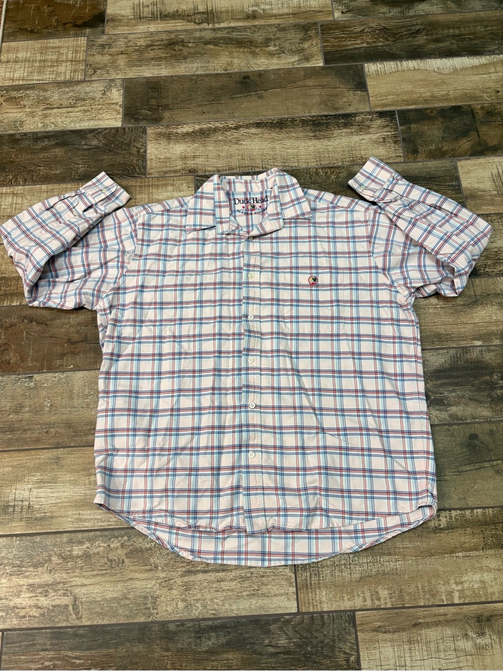 Duck Head White Button-Down Shirt with Blue and Red Plaid